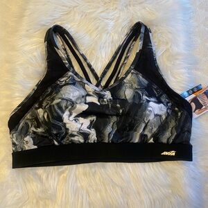 Avia Black And White Marble Print Mesh Racerback Sports Bra Size XL NWT